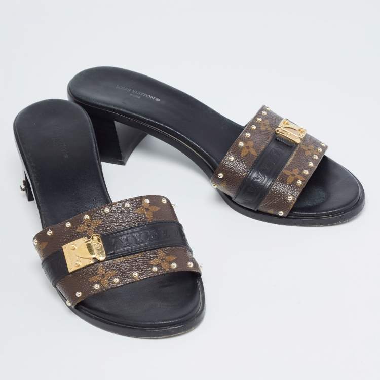 Pre Owned Louis Vuitton Brown/Black Monogram Canvas and Leather Lock It Slide Sandals Size 39.5