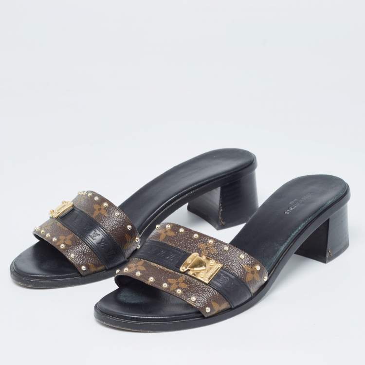 Pre Owned Louis Vuitton Brown/Black Monogram Canvas and Leather Lock It Slide Sandals Size 39.5
