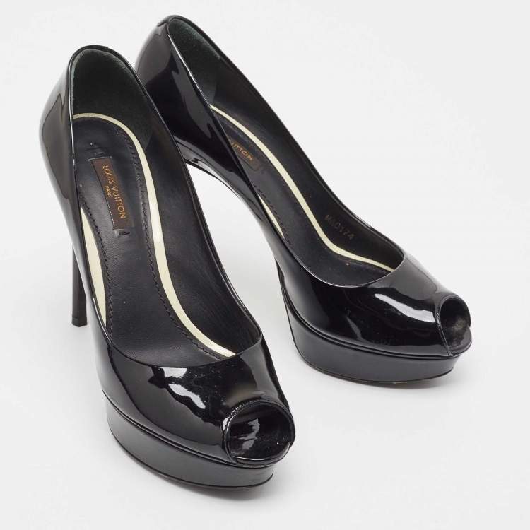 Pre Owned Louis Vuitton Black Patent Leather Peep Toe Platform Pumps Size 36.5