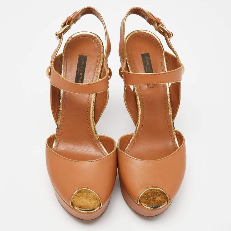 Pre Owned Louis Vuitton Brown Leather Slingback Platform Sandals Size 39