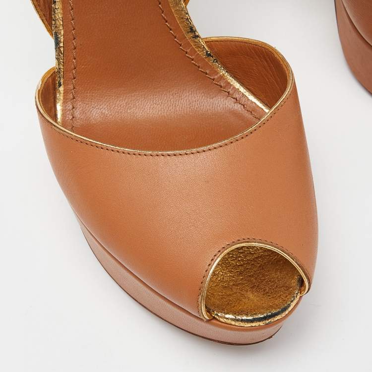 Pre Owned Louis Vuitton Brown Leather Slingback Platform Sandals Size 39