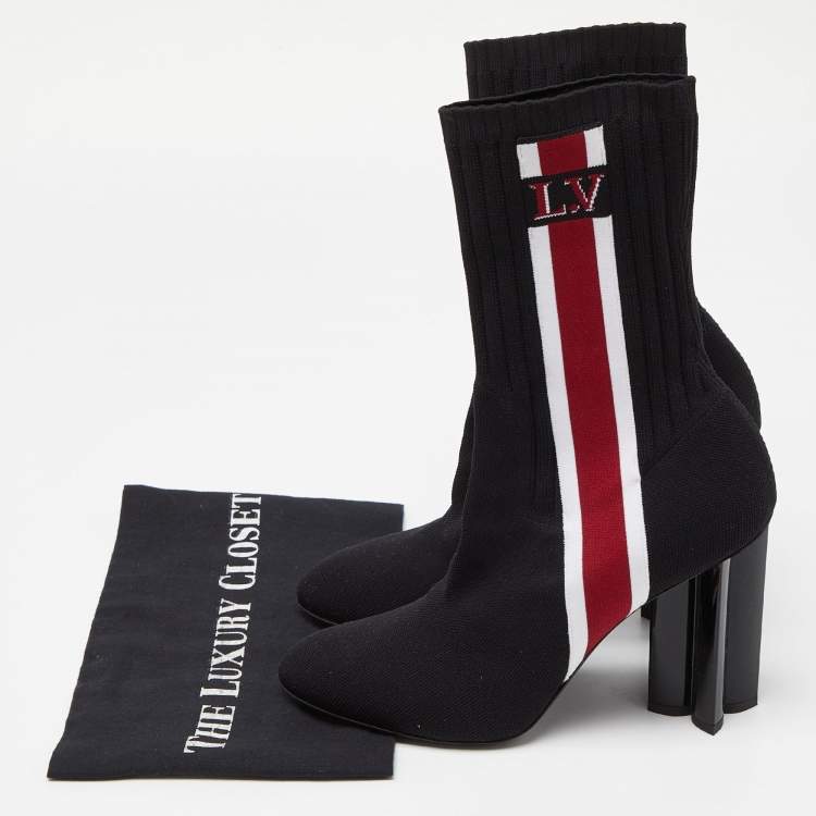 Pre Owned Louis Vuitton Black Knit Fabric LV Sock Ankle Boots Size 39