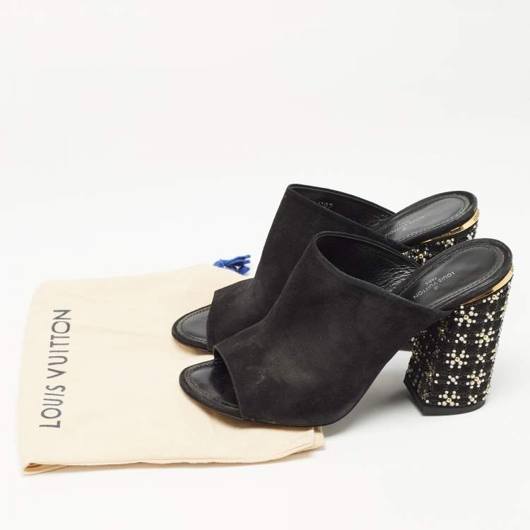 Pre Owned Louis Vuitton Black Suede Embellished Block Heel Open Toe Mules Size 41