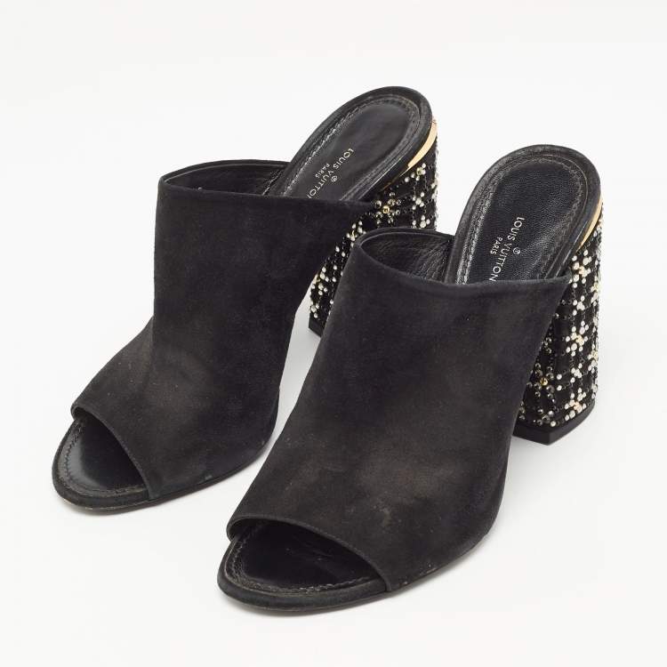 Pre Owned Louis Vuitton Black Suede Embellished Block Heel Open Toe Mules Size 41