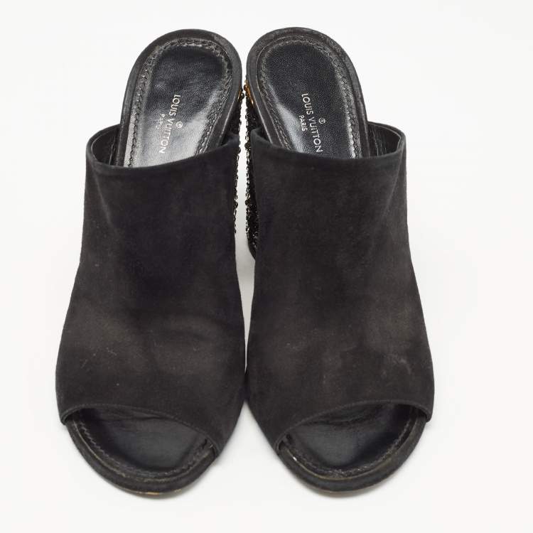 Pre Owned Louis Vuitton Black Suede Embellished Block Heel Open Toe Mules Size 41