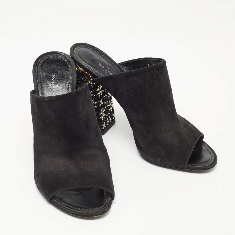 Pre Owned Louis Vuitton Black Suede Embellished Block Heel Open Toe Mules Size 41