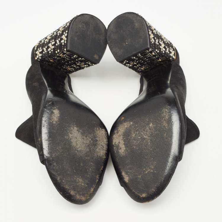 Pre Owned Louis Vuitton Black Suede Embellished Block Heel Open Toe Mules Size 41