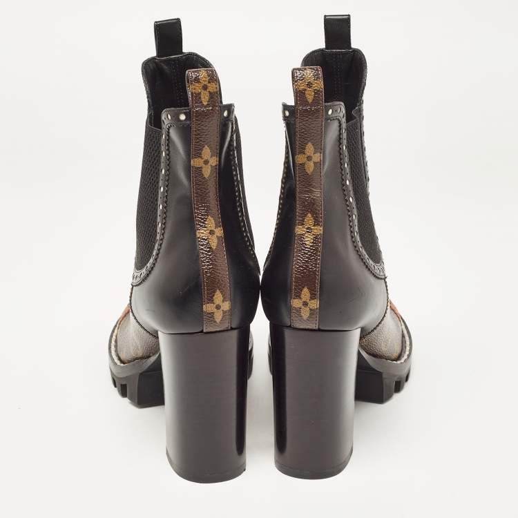 Pre Owned Louis Vuitton Black/Brown Leather and Monogram Canvas Ankle Boots Size 38.5