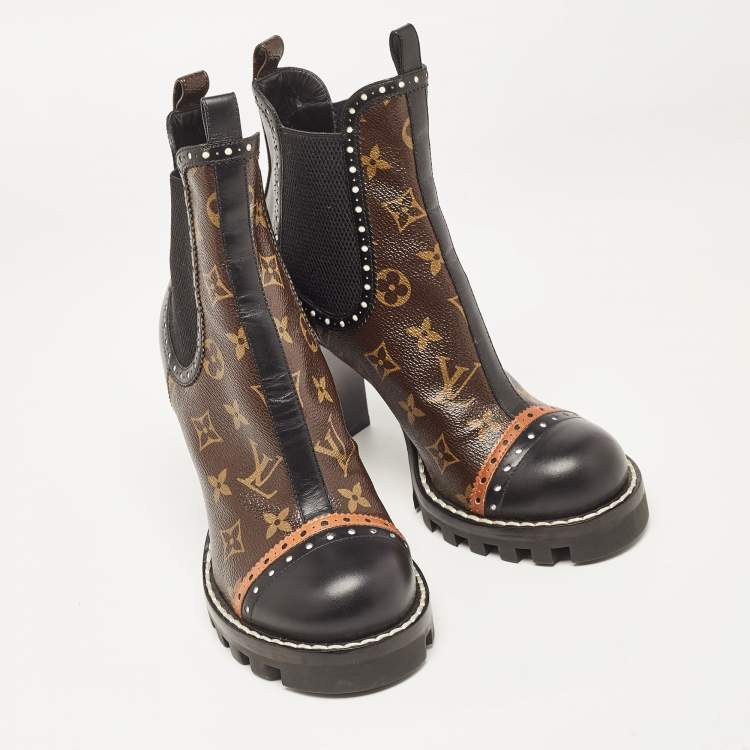 Pre Owned Louis Vuitton Black/Brown Leather and Monogram Canvas Ankle Boots Size 38.5