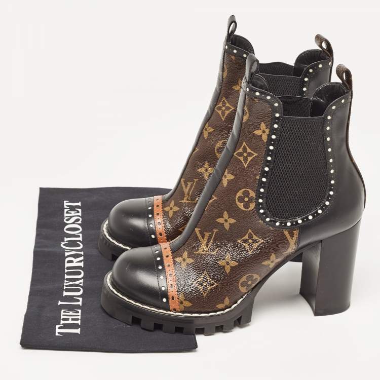 Pre Owned Louis Vuitton Black/Brown Leather and Monogram Canvas Ankle Boots Size 38.5