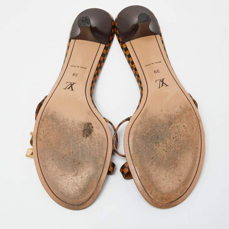 Pre Owned Louis Vuitton Two Tone Damier Ebene Patent Leather Knotted Bow Slide Sandals Size 39