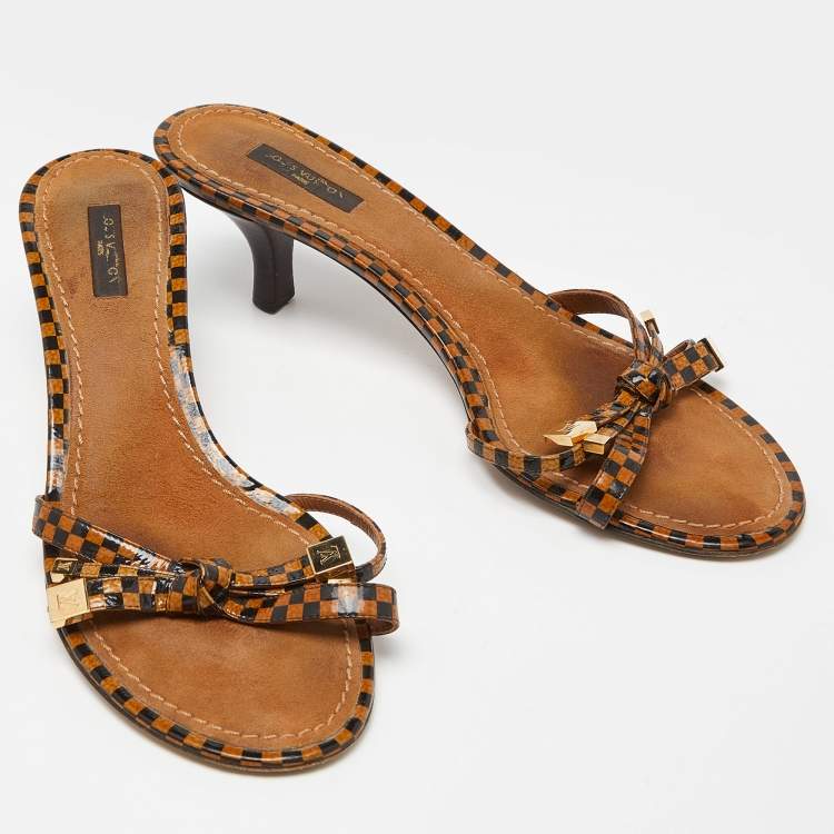 Pre Owned Louis Vuitton Two Tone Damier Ebene Patent Leather Knotted Bow Slide Sandals Size 39