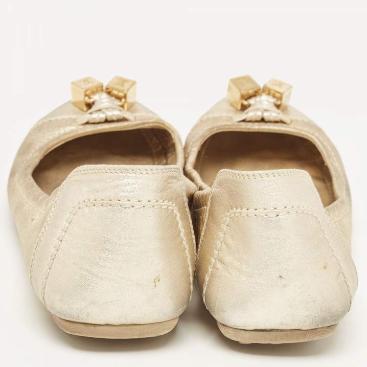 Pre Owned Louis Vuitton Metallic Gold Leather Oxford Ballet Flats Size 38.5
