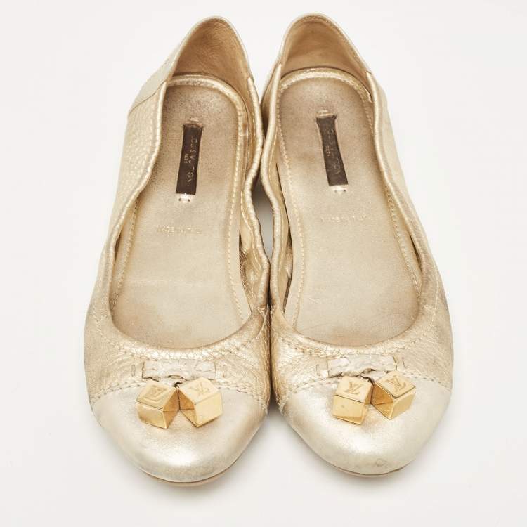 Pre Owned Louis Vuitton Metallic Gold Leather Oxford Ballet Flats Size 38.5