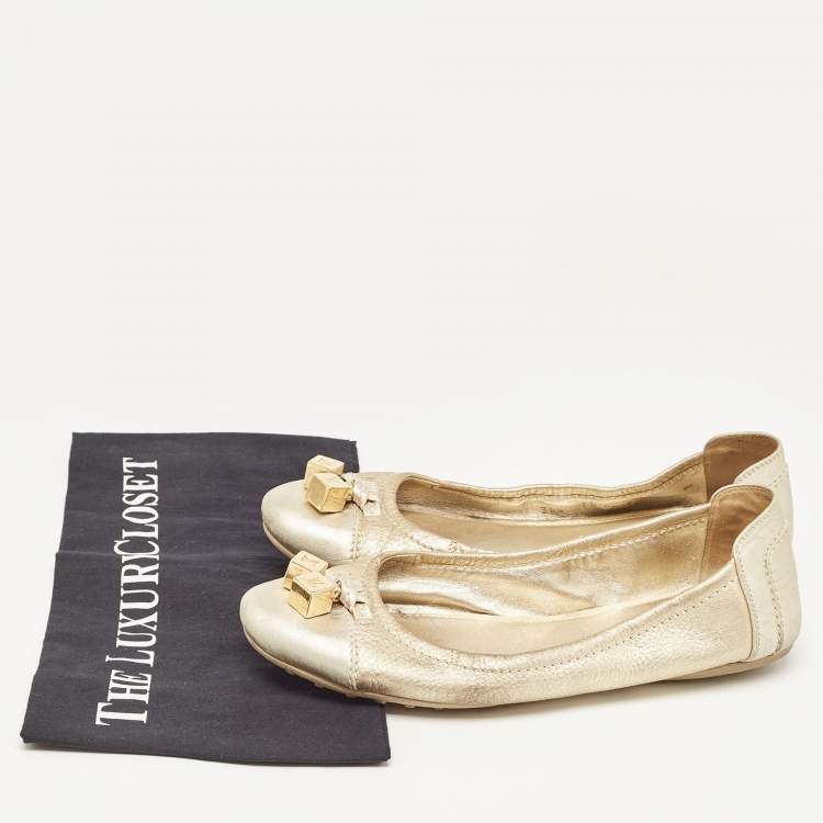 Pre Owned Louis Vuitton Metallic Gold Leather Oxford Ballet Flats Size 38.5