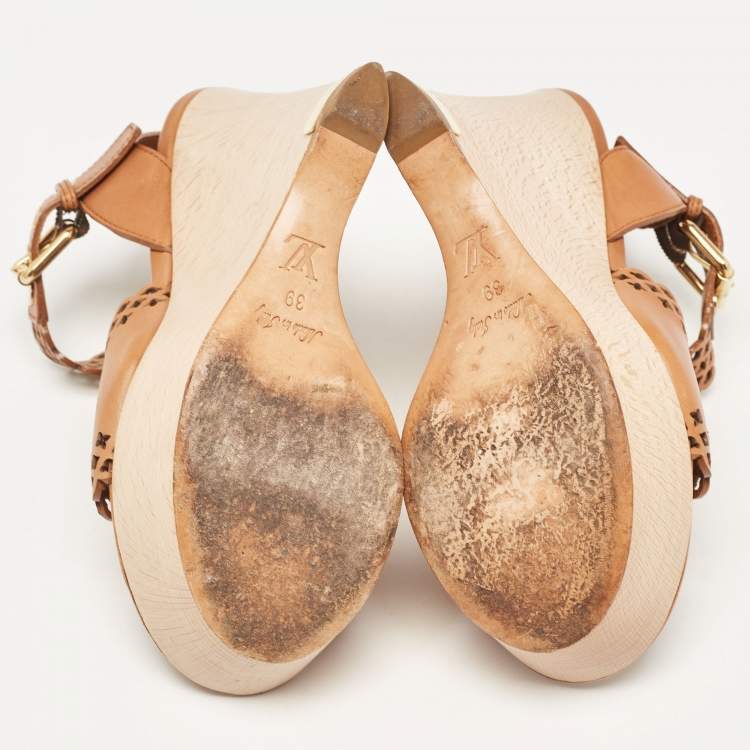 Pre Owned Louis Vuitton Brown Leather Wedge Ankle Strap Sandals Size 39