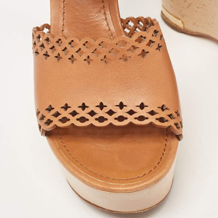 Pre Owned Louis Vuitton Brown Leather Wedge Ankle Strap Sandals Size 39