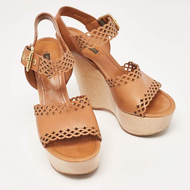 Pre Owned Louis Vuitton Brown Leather Wedge Ankle Strap Sandals Size 39