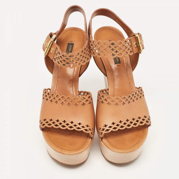 Pre Owned Louis Vuitton Brown Leather Wedge Ankle Strap Sandals Size 39