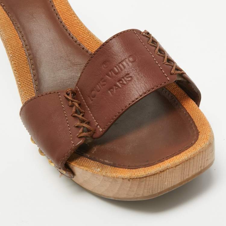 Pre Owned Louis Vuitton Brown Leather Wooden Slide Sandals Size 39