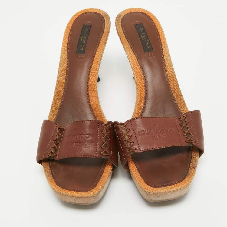 Pre Owned Louis Vuitton Brown Leather Wooden Slide Sandals Size 39