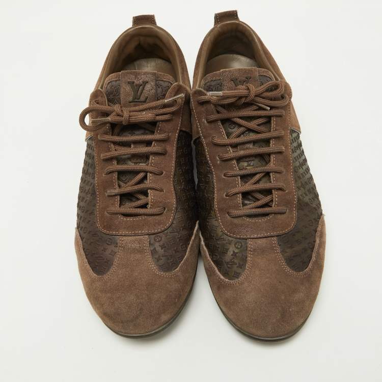 Pre Owned Louis Vuitton Brown Textured Suede and Monogram Fabric Low Top Sneakers Size 39.5