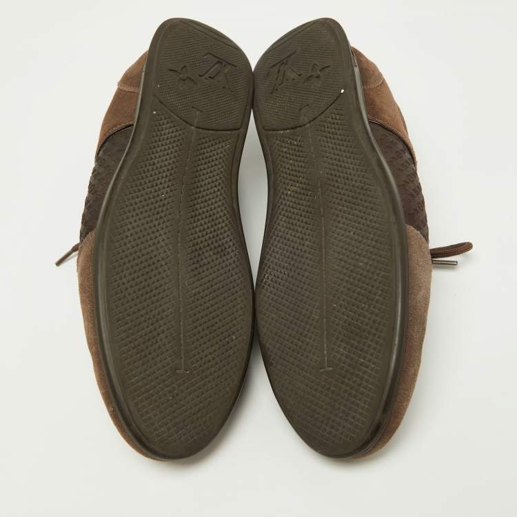 Pre Owned Louis Vuitton Brown Textured Suede and Monogram Fabric Low Top Sneakers Size 39.5