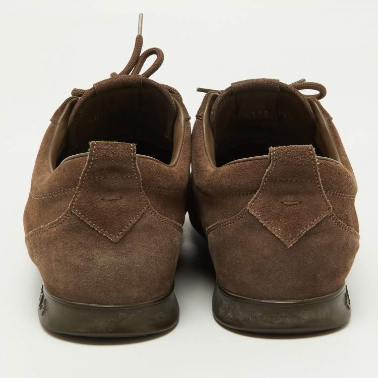 Pre Owned Louis Vuitton Brown Textured Suede and Monogram Fabric Low Top Sneakers Size 39.5