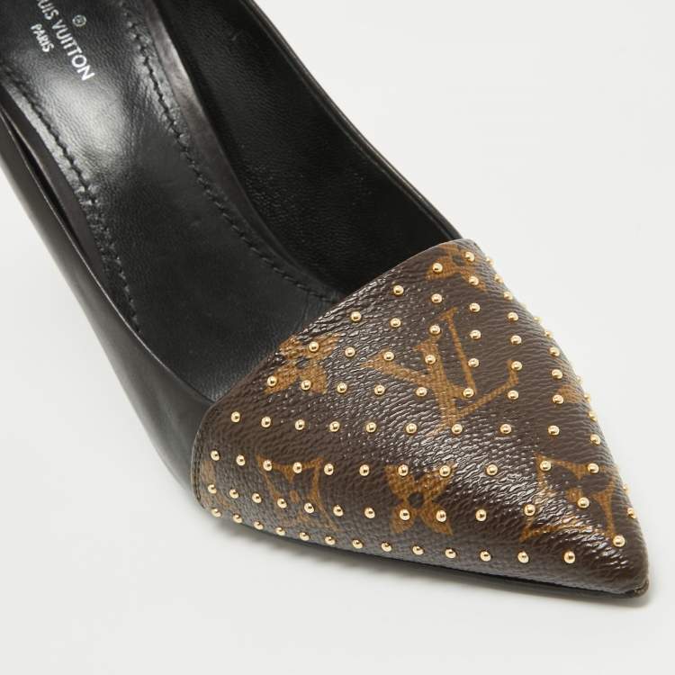 Pre Owned Louis Vuitton Brown/Black Monogram Canvas and Leather Pointed Toe Pumps Size 38.5