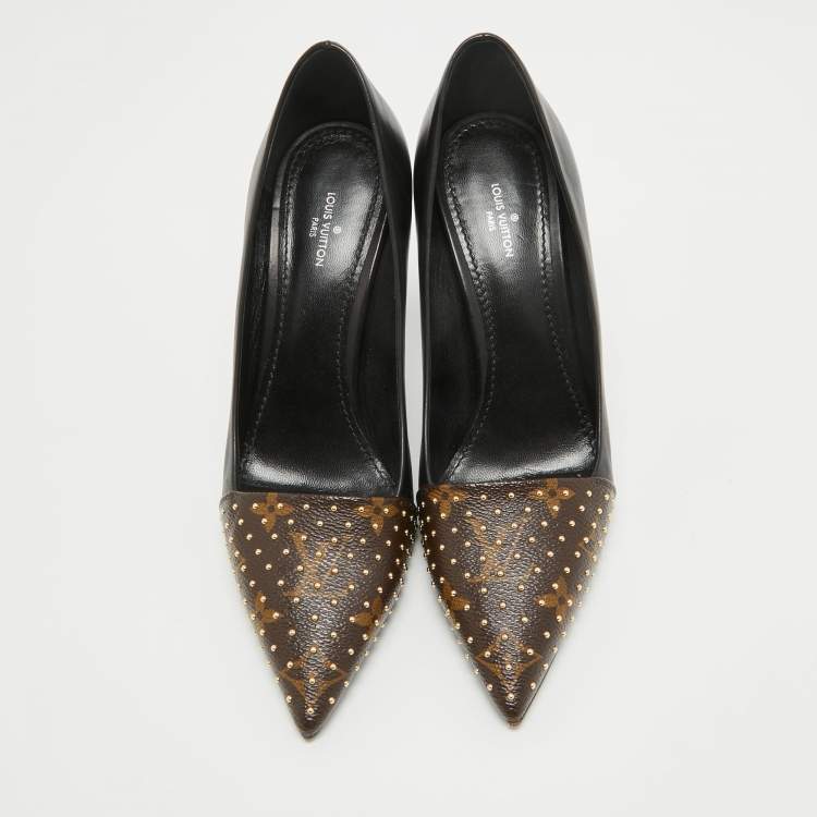 Pre Owned Louis Vuitton Brown/Black Monogram Canvas and Leather Pointed Toe Pumps Size 38.5