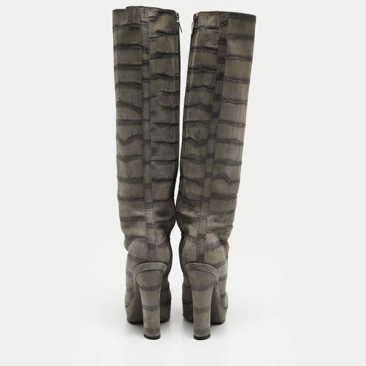 Pre Owned Louis Vuitton Grey Croc Embossed Leather Platform Knee Length Boots Size 36.5