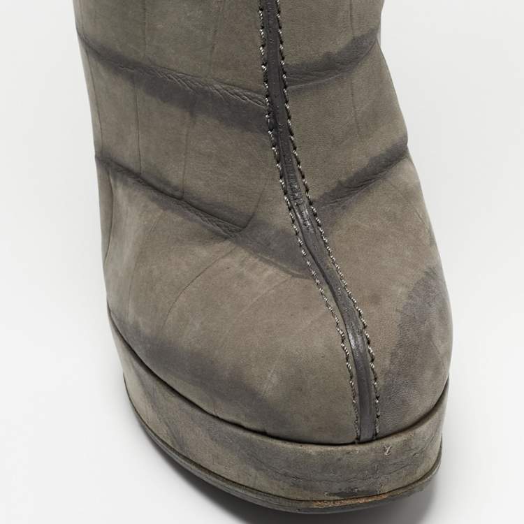 Pre Owned Louis Vuitton Grey Croc Embossed Leather Platform Knee Length Boots Size 36.5