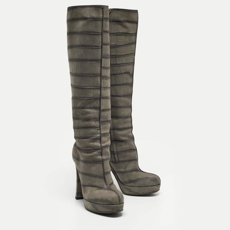 Pre Owned Louis Vuitton Grey Croc Embossed Leather Platform Knee Length Boots Size 36.5