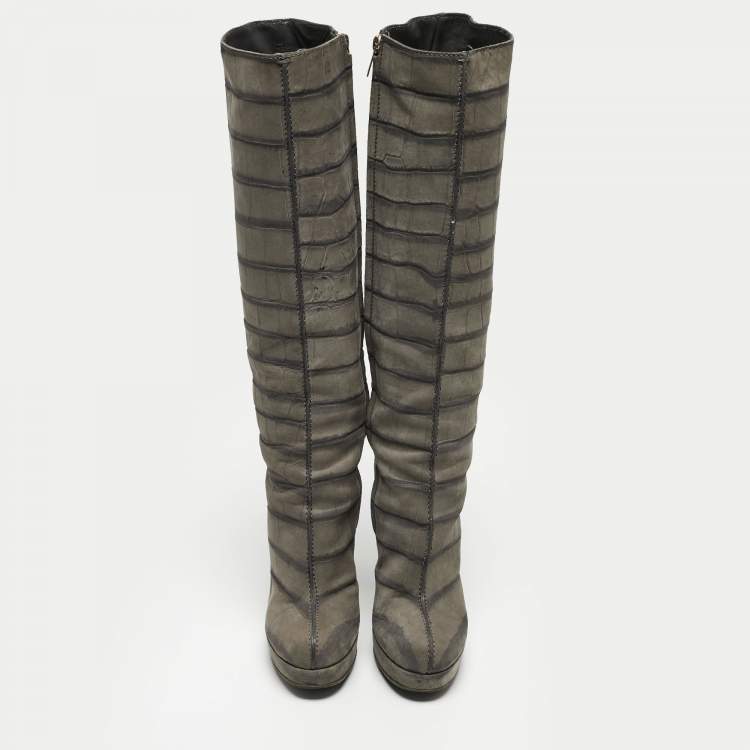 Pre Owned Louis Vuitton Grey Croc Embossed Leather Platform Knee Length Boots Size 36.5