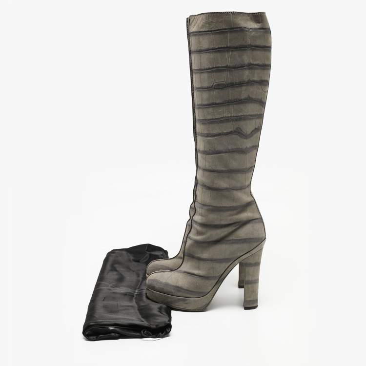 Pre Owned Louis Vuitton Grey Croc Embossed Leather Platform Knee Length Boots Size 36.5
