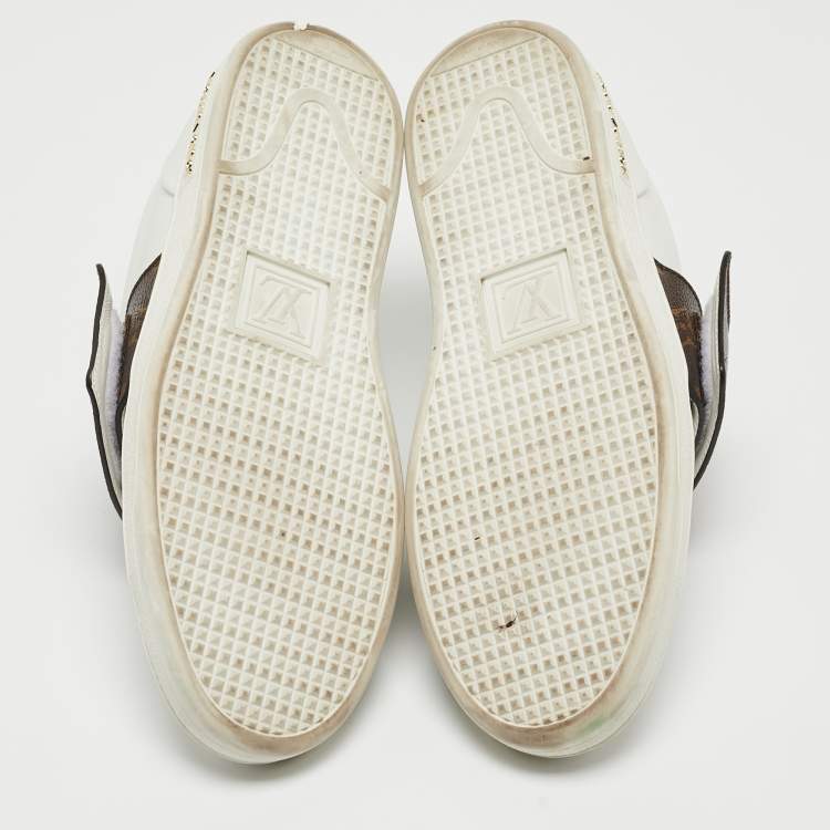 Pre Owned Louis Vuitton White/Brown Leather and Monogram Canvas Logo Strap Frontrow Sneakers Size 40