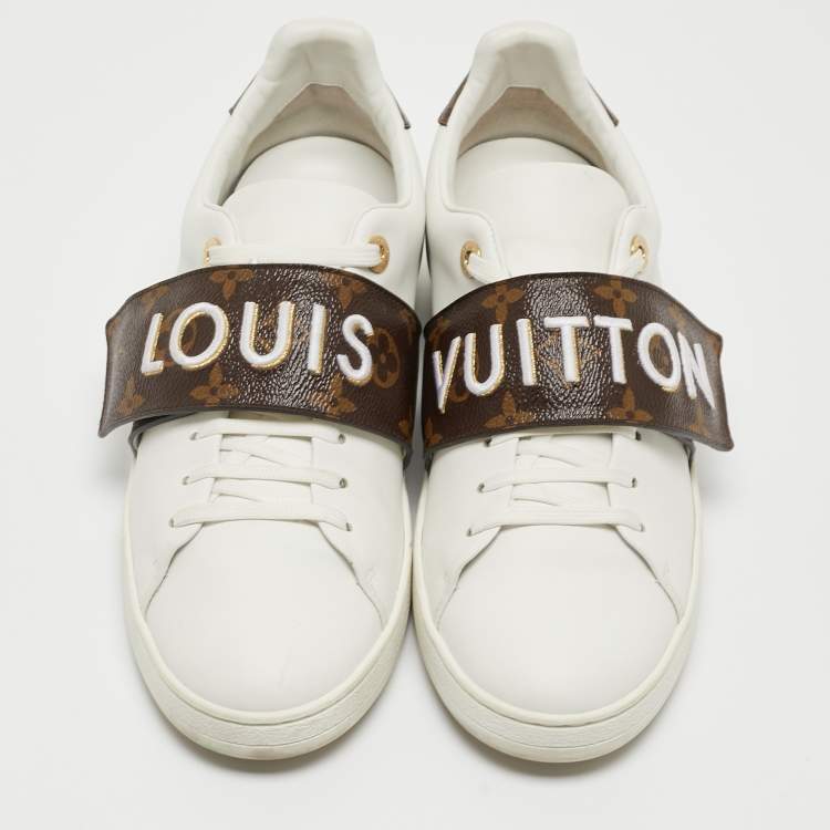 Pre Owned Louis Vuitton White/Brown Leather and Monogram Canvas Logo Strap Frontrow Sneakers Size 40