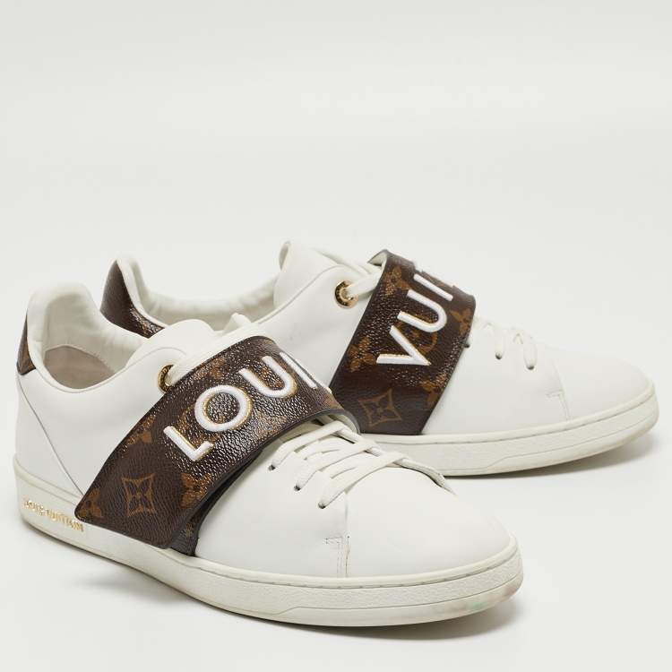 Pre Owned Louis Vuitton White/Brown Leather and Monogram Canvas Logo Strap Frontrow Sneakers Size 40