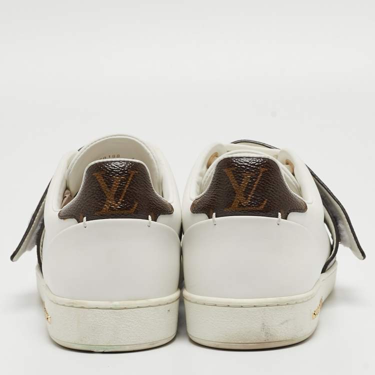 Pre Owned Louis Vuitton White/Brown Leather and Monogram Canvas Logo Strap Frontrow Sneakers Size 40