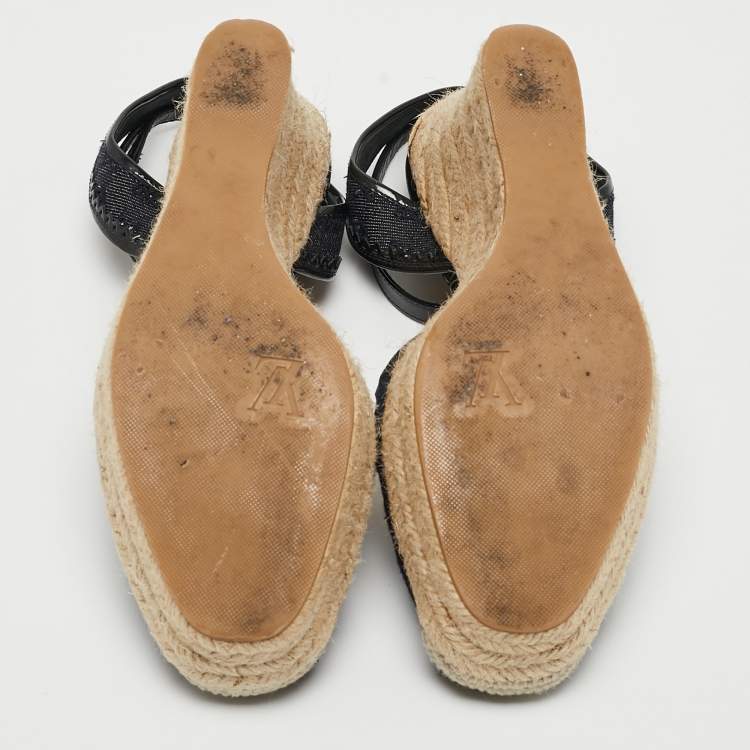 Pre Owned Louis Vuitton Blue/Black Monogram Denim Ankle Strap Espadrille Wedge Sandals Size 37.5