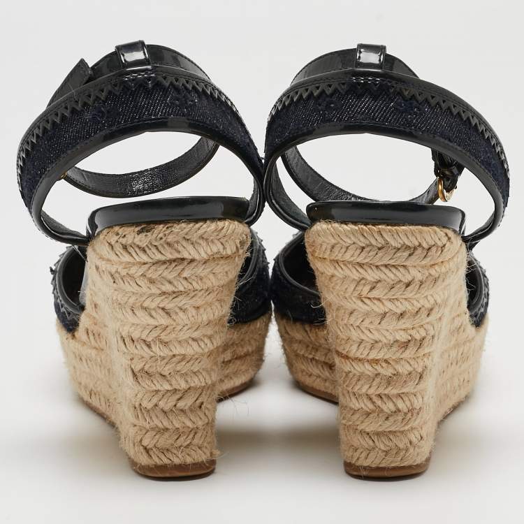 Pre Owned Louis Vuitton Blue/Black Monogram Denim Ankle Strap Espadrille Wedge Sandals Size 37.5