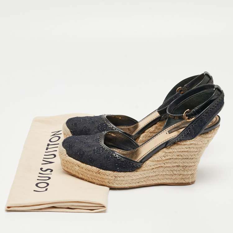 Pre Owned Louis Vuitton Blue/Black Monogram Denim Ankle Strap Espadrille Wedge Sandals Size 37.5