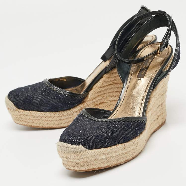 Pre Owned Louis Vuitton Blue/Black Monogram Denim Ankle Strap Espadrille Wedge Sandals Size 37.5