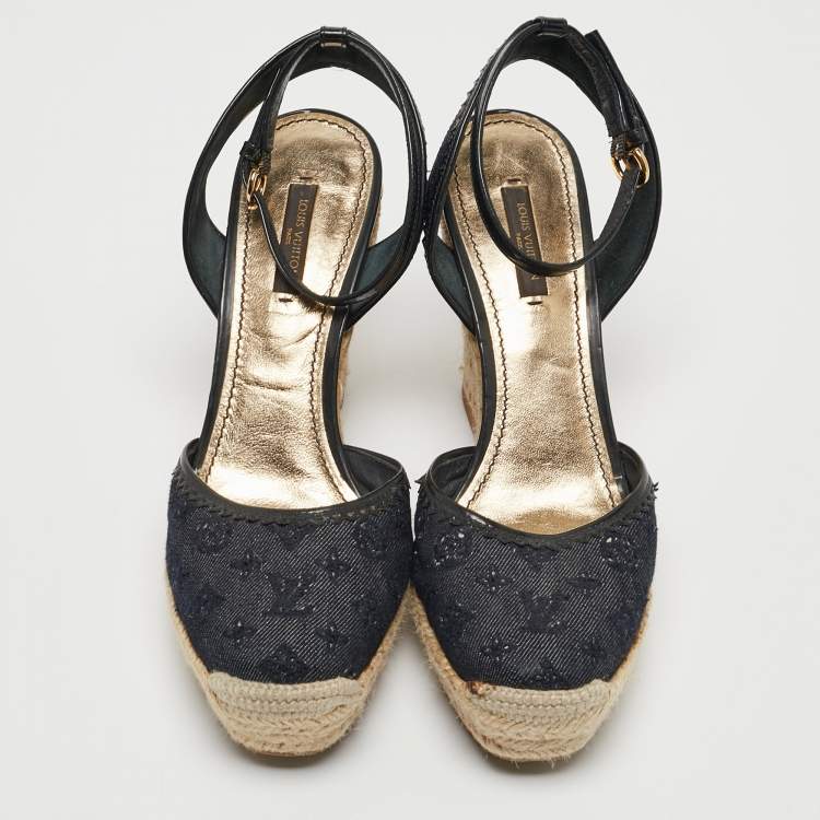 Pre Owned Louis Vuitton Blue/Black Monogram Denim Ankle Strap Espadrille Wedge Sandals Size 37.5