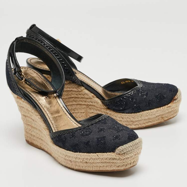 Pre Owned Louis Vuitton Blue/Black Monogram Denim Ankle Strap Espadrille Wedge Sandals Size 37.5