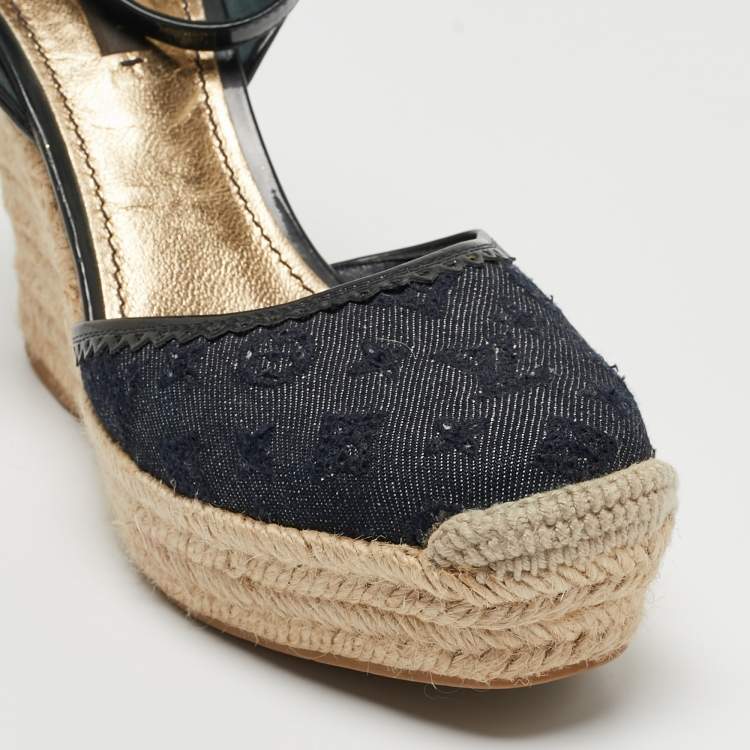 Pre Owned Louis Vuitton Blue/Black Monogram Denim Ankle Strap Espadrille Wedge Sandals Size 37.5