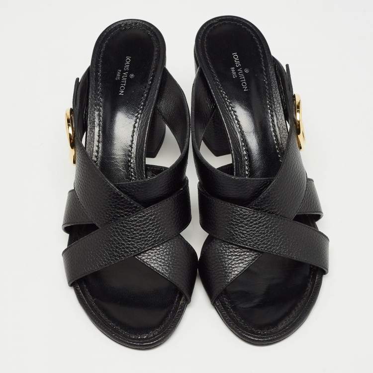 مملوكة مسبقًا Louis Vuitton Black Leather Block Heel Slide Sandals Size 40