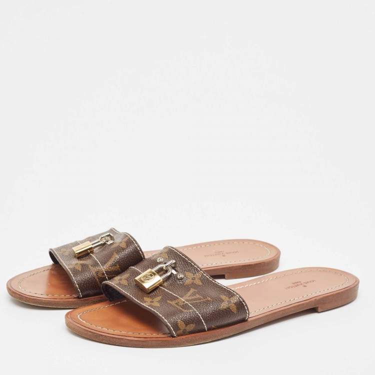 Pre Owned Louis Vuitton Brown Monogram Canvas Lock It  Flat Slides Size 37.5