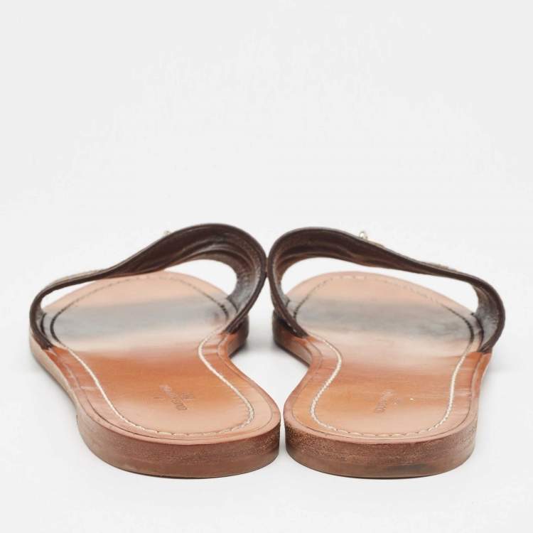 Pre Owned Louis Vuitton Brown Monogram Canvas Lock It  Flat Slides Size 37.5