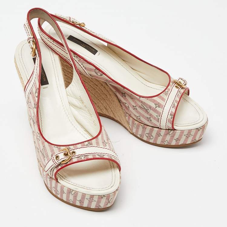 Pre Owned Louis Vuitton White/Red Canvas Wedge Sandals Size 40
